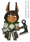  2021 anthro armor axe brown_body brown_fur canid canine canis chibi dobermann dog_knight_rpg domestic_dog female fur mammal melee_weapon pinscher potoobrigham rory_(ceehaz) simple_background solo weapon white_background 