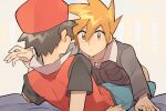  2boys baseball_cap blue_oak blush brown_eyes brown_hair brown_pants closed_mouth collarbone commentary green_pants grey_jacket hat jacket jewelry long_sleeves looking_at_another male_focus multiple_boys necklace orange_hair pants pokemon pokemon_(game) pokemon_hgss rata_(m40929) red_(pokemon) red_headwear short_hair short_sleeves spiked_hair 