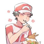  1boy baseball_cap blush closed_eyes closed_mouth commentary eating food hand_up hat holding holding_spoon male_focus pokemon pokemon_(game) pokemon_sm rata_(m40929) red_(pokemon) shirt short_hair short_sleeves sketch solo spoon t-shirt two-tone_headwear upper_body white_background 