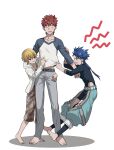  3boys :3 barefoot belt blonde_hair blue_hair braid braided_ponytail child_gilgamesh_(fate) cu_chulainn_(fate)_(all) earrings emiya_shirou fate/grand_order_arcade fate/hollow_ataraxia fate/stay_night fate_(series) full_body highres jewelry jitome male_focus multiple_boys none_(kameko227) pulling red_eyes red_hair setanta_(fate) shirt_grab simple_background sweatdrop white_background 