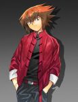  1boy 203wolves black_pants black_shirt brown_eyes brown_hair casual closed_mouth gradient gradient_background grey_background hands_in_pockets highres jacket long_sleeves looking_at_viewer male_focus medium_hair multicolored_hair open_clothes open_jacket pants red_jacket shadow shiny shiny_hair shirt signature solo spiked_hair two-tone_hair yu-gi-oh! yu-gi-oh!_gx yuuki_juudai 