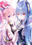  2girls absurdres bangs bare_shoulders black_gloves blue_hair blush breasts bubble cleavage closed_mouth clothing_cutout demon_horns eyebrows_visible_through_hair gloves hair_between_eyes hands_up hat highres horns large_breasts long_hair looking_at_viewer medium_breasts multiple_girls pink_hair princess_connect! princess_connect!_re:dive purple_eyes red_eyes rei_(princess_connect!) smile takemura-kou0606 tsumugi_(princess_connect!) twintails 