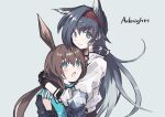  2girls amiya_(arknights) animal_ears arknights black_gloves black_hair black_jacket blaze_(arknights) blue_eyes blush brown_hair bunny_ears cat_ears closed_mouth commentary_request copyright_name fingerless_gloves fuco gloves hair_between_eyes hairband hand_up height_difference hug infection_monitor_(arknights) jacket jewelry long_hair looking_at_another looking_at_viewer multiple_girls multiple_rings necklace open_mouth red_hairband ring simple_background smile upper_body very_long_hair white_jacket yuri 