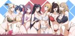  6+girls absurdres alternate_breast_size beidou_(genshin_impact) bikini black_hair blue_hair braid breasts brown_hair cleavage cone_hair_bun garter_belt genshin_impact green_eyes hair_bun hair_ornament hair_over_one_eye highres huge_breasts jean_(genshin_impact) keqing_(genshin_impact) kowatsu_no_break large_breasts lisa_(genshin_impact) long_hair medium_breasts mona_(genshin_impact) multiple_girls navel ningguang_(genshin_impact) open_mouth ponytail purple_eyes purple_hair red_eyes short_hair signature swimsuit thighhighs twin_braids twintails white_hair xiangling_(genshin_impact) 