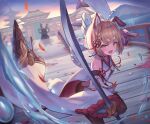  1girl animal animal_ears architecture braid dog dog_ears dog_girl east_asian_architecture granblue_fantasy highres holding holding_sword holding_weapon japanese_clothes mountain open_mouth orange_eyes pantyhose rope sachi_(160332) short_hair sword vajra_(granblue_fantasy) weapon 