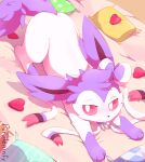  alternate_color bed blush bow checkered clothing_cutout freckles gen_6_pokemon heart_cutout highres looking_to_the_side no_humans on_bed paws pillow pink_blanket pointy_ears pokemon pokemon_(creature) polka_dot purple_fur purpleninfy red_eyes ribbon squatting striped sylveon tail white_fur 