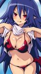  1girl blue_hair blush breasts disgaea disgaea_d2 eyebrows_visible_through_hair iwashi_dorobou_-r- laharl laharl-chan large_breasts long_hair looking_at_viewer navel open_mouth pointy_ears red_eyes slit_pupils smile solo very_long_hair 