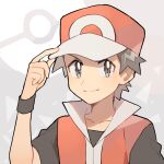  1boy baseball_cap black_shirt brown_hair closed_mouth collarbone commentary grey_background grey_eyes hand_on_headwear hand_up hat jacket light_blush male_focus poke_ball_symbol pokemon pokemon_(game) pokemon_frlg rata_(m40929) red_(pokemon) shirt short_sleeves smile solo two-tone_headwear upper_body wristband 