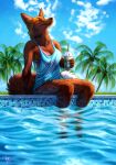  2018 anthro athletic athletic_anthro athletic_female beverage biped black_nose blue_clothing blue_sky bottomless bra breasts canid canine cheek_tuft clothed clothing cloud cup dairy_products day detailed detailed_background dipstick_tail drinking_straw eyes_closed facial_tuft female fluffy fluffy_tail food fox front_view full-length_portrait fur holding_beverage holding_cup holding_object inner_ear_fluff kippycube light lighting mammal multicolored_tail neck_tuft orange_body orange_fur outside palm_tree partially_submerged plant portrait reflection refraction ripples shirt sitting sky solo sparkles starbucks straw sunbathing swimming_pool tank_top tiles topwear tree tuft underwear water whipped_cream whiskers 