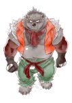  2021 anthro belly bottomwear brown_body brown_fur bulge clothing cute_fangs fur hi_res humanoid_hands kemono male mammal navel overweight overweight_anthro overweight_male pants ryuta-h scarf simple_background solo ursid white_background 