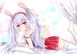  1girl animal_ears azur_lane bangs bed bed_sheet bunny_ears commentary_request curtains eyebrows_visible_through_hair eyes_visible_through_hair fake_animal_ears from_side head_tilt laffey_(azur_lane) long_hair looking_at_viewer looking_to_the_side lying m_ko_(maxft2) on_stomach pleated_skirt red_eyes red_skirt sidelocks signature skirt solo thighs twintails white_hair white_legwear 