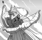  2021 abs anthro arrow asian_clothing athletic athletic_anthro athletic_male bow_(weapon) canid canine canis clothed clothing facial_hair fur gloves greyscale hair handwear holding_bow_(weapon) male mammal mongolian_clothing monochrome outside ranged_weapon ryuulabo sky solo temujin tokyo_afterschool_summoners video_games weapon wolf 