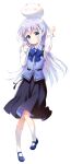  1girl angora_rabbit animal arm_up black_skirt blue_bow blue_eyes blue_footwear blue_hair blue_vest blush bow bunny collared_shirt commentary_request full_body gochuumon_wa_usagi_desu_ka? hair_ornament head_tilt highres kafuu_chino long_hair long_sleeves mary_janes pleated_skirt rabbit_house_uniform shirt shoes simple_background skirt sleeves_past_wrists socks standing standing_on_one_leg tippy_(gochiusa) uniform very_long_hair vest waitress white_background white_legwear white_shirt x_hair_ornament youta 