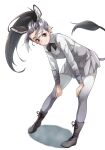  1girl animal_ear_fluff animal_ears boots brown_eyes commentary donkey_(kemono_friends) donkey_ears donkey_tail dress extra_ears eyebrows_visible_through_hair forehead full_body gradient gradient_legwear grey_dress grey_footwear grey_hair hand_on_own_knee highres kemono_friends kemono_friends_2 leaning_forward long_sleeves looking_at_viewer multicolored_hair pantyhose pinafore_dress ponytail simple_background smile solo standing tail tanabe_(fueisei) white_background 