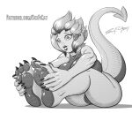  animal_humanoid big_breasts breasts collar dragon dragon_humanoid ear_piercing ear_ring female genitals humanoid monochrome nude piercing pussy scificat sitting solo text url 