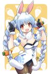  1girl :3 animal_ear_fluff animal_ears black_gloves black_leotard blue_hair blush bow braid breasts brown_legwear bunny_ears carrot_hair_ornament cleavage colonel_aki don-chan_(usada_pekora) dress food_themed_hair_ornament fur-trimmed_gloves fur_trim gloves hair_bow hair_ornament hololive leotard long_hair multicolored_hair open_mouth orange_eyes pantyhose round_teeth short_eyebrows small_breasts solo teeth twintails two-tone_hair usada_pekora virtual_youtuber white_bow white_hair 