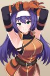  1girl armpits arms_up bare_shoulders belt blue_hair blush breasts detached_sleeves fire_emblem fire_emblem:_radiant_dawn gloves green_eyes hairband headband highres kocha_(jgug7553) large_breasts long_hair mia_(fire_emblem) orange_gloves sideboob simple_background smile solo turtleneck v white_hairband white_headband 