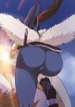  1girl armor ass ass_focus blue_pants brown_hair cameltoe fur han&#039;you_no_yashahime haruyama_kazunori inuyasha japanese_clothes long_hair naginata outdoors pants polearm ponytail setsuna_(inuyasha) short_sword sky sword weapon 