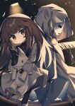  bangs black_legwear blush brown_eyes brown_hair coat commentary_request deemo eyebrows_visible_through_hair girl_(deemo) gloves highres holding long_hair long_sleeves looking_at_viewer masked_lady_(deemo) pantyhose piano_keys pocket_watch toy wagashi928 watch 