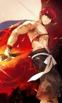  1boy biceps cape embers emiya_shirou fate/grand_order fate_(series) fire highres holding holding_weapon limited/zero_over male_focus muscular muscular_male nishiide_kengorou pectorals red_hair sengo_muramasa_(fate) shirtless solo weapon white_cape wristband yellow_eyes 
