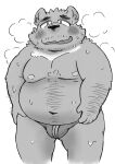  2021 absurd_res anthro belly blush bodily_fluids bulge clothing hi_res kemono male mammal monochrome moobs navel nipples overweight overweight_anthro overweight_male shir0anko simple_background sketch solo sweat underwear ursid white_background 