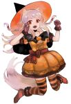  1girl :d black_capelet black_choker bow braid brown_gloves capelet choker collarbone dress fangs floating_hair full_body fur-trimmed_gloves fur-trimmed_sleeves fur_trim gloves halloween_costume hat highres legs_up long_hair mayumura_basako myuri_(spice_and_wolf) open_mouth orange_dress orange_headwear red_bow red_eyes shiny shiny_hair short_sleeves silver_hair simple_background smile solo spice_and_wolf striped striped_legwear thighhighs twin_braids very_long_hair white_background witch witch_hat zettai_ryouiki 