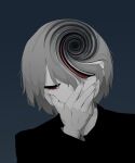  1boy avogado6 black_shirt blue_background commentary_request covered_mouth fingernails grey_hair grey_nails hand_to_own_mouth hand_up highres long_sleeves looking_down male_focus original red_eyes shirt short_hair simple_background solo spiral spiral_eyes upper_body 