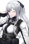  1girl absurdres ak-12_(girls_frontline) ammunition_pouch bangs braid collared_shirt commentary_request eyebrows_visible_through_hair french_braid girls_frontline gloves hair_ribbon high_ponytail highres long_hair looking_at_viewer one_eye_closed parted_lips partially_fingerless_gloves pouch purple_eyes ribbon saiun_sigma shirt sidelocks silver_hair strap tactical_clothes very_long_hair white_background 