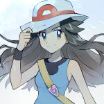  1girl bag black_wristband blue_shirt brown_hair closed_mouth commentary eyelashes floating_hair grey_eyes grey_headwear hand_on_headwear hat hat_tug leaf_(pokemon) light_blush pokemon pokemon_(game) pokemon_frlg rata_(m40929) shirt shoulder_bag sleeveless sleeveless_shirt smile solo upper_body vs_seeker 