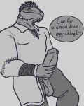  4:5 absurd_res anthro argonian balls bethesda_softworks biceps big_penis clothed clothing digital_media_(artwork) dromaeo-tsar erection genitals hi_res holding_penis horn looking_at_viewer looking_down male muscular muscular_anthro muscular_male penis reptile scalie simple_background skyrim smile solo speech_bubble talen-jei text the_elder_scrolls video_games 