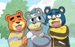  2021 animal_crossing anthro black_nose blue_body blue_fur blush brown_body brown_fur clothing curt_(animal_crossing) eyes_closed fur groucho_(animal_crossing) group humanoid_hands kemono male mammal nintendo outside scar shirt slightly_chubby teddy_(animal_crossing) tekimi topwear ursid video_games 