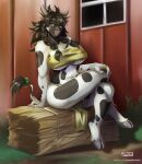  2020 anthro artist_name big_breasts biped black_hair bottomwear bovid bovine braided_hair breasts brown_eyes cattle clothed clothing crossed_legs digital_media_(artwork) ear_piercing ear_ring farm female hair hay hay_bale hi_res holstein_friesian_cattle hooves horn huge_breasts loincloth mammal outside piercing pigtails purplelemons ribbons ring sitting skimpy smile solo tail_ribbon tail_tuft text tuft twin_braids url 