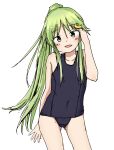  1girl absurdres alternate_hairstyle black_swimsuit commentary_request cowboy_shot crescent crescent_hair_ornament flat_chest green_eyes green_hair hair_ornament highres kantai_collection long_hair looking_at_viewer nagatsuki_(kantai_collection) po0000000000 ponytail school_swimsuit smile solo swimsuit 