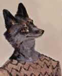  ambiguous_gender anthro black_lips black_nose brown_background brown_eyes bust_portrait canid canine clothing fox fur grey_body grey_fur hi_res lips looking_up mammal markings multicolored_body multicolored_fur orange_body orange_fur portrait shanikafaceless shirt simple_background solo topwear two_tone_body two_tone_fur whiskers 