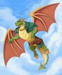  absurd_res activision anthro cape claws clothing dragon dragon_tail flying green_body hi_res horn male muscular muscular_anthro muscular_male nestor_(spyro) polartoons scales scalie sky solo spyro_reignited_trilogy spyro_the_dragon thebluebear27 video_games wings 