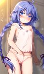  1girl :&lt; ahoge ass_visible_through_thighs bangs bare_arms bare_shoulders blue_eyes blue_hair blush bow bow_panties braid breasts camisole clothed_masturbation collarbone commentary_request eyebrows_visible_through_hair hair_between_eyes hair_flaps hair_ribbon hand_in_panties highres indoors long_hair looking_at_viewer masturbation mushoku_tensei nose_blush panties parted_lips purple_ribbon ribbon roxy_migurdia sasai_saji signature small_breasts solo standing strap_slip trembling triangle_mouth twin_braids twintails underwear underwear_only very_long_hair white_camisole white_panties 