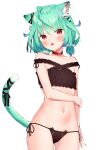  1girl :o animal_ears animal_print arm_across_waist ass_visible_through_thighs bare_shoulders black_bra black_panties bra breasts cat_ears cat_girl cat_panties cat_print cat_tail collar collarbone cowboy_shot fang grabbing_own_arm green_hair hair_ornament highres hololive k_mugura looking_at_viewer navel panties print_panties red_eyes short_hair simple_background skin_fang skull_hair_ornament small_breasts solo stomach tail underwear uruha_rushia virtual_youtuber white_background 