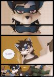  3d_(artwork) agitated anthro black_hair blue_body blue_fur bottomwear clothing comic comic_book comic_page denim denim_clothing digital_media_(artwork) female fur hair hi_res jeans mammal pants procyonid purple_eyes raccoon ryder_(striped_sins) shirt solo striped_sins t-shirt topwear waking_up willitfit worried 