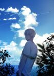  1boy absurdres aircraft airplane amuro_tooru arms_at_sides bangs blonde_hair blue_eyes blue_sky blurry_foreground casual chitose_(chitose_70207) closed_mouth cloud cloudy_sky commentary condensation_trail day hair_between_eyes highres horizon looking_at_viewer looking_back male_focus meitantei_conan outdoors pants plant shirt short_hair short_sleeves sky smile solo standing white_shirt 
