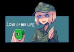  1girl :d blonde_hair blue_eyes border cigarette_box english_text erica_(naze1940) hands_together hat heart heart-shaped_pupils highres military open_mouth original short_hair smile soldier symbol-shaped_pupils world_war_ii 