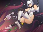  1girl alternate_costume bare_shoulders black_blindfold black_hairband blindfold boots breasts covered_eyes dual_wielding dyun elbow_gloves firing gloves gun hairband handgun high_heel_boots high_heels highleg highleg_leotard highres holding holding_weapon large_breasts leotard mole mole_under_mouth nier_(series) nier_automata short_hair signature slime solo tentacles thighhighs weapon white_leotard yorha_no._2_type_b 
