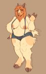  anthro areola big_breasts bottomwear bovid breasts caprine clothing cloven_hooves facial_piercing female fingers floppy_ears fur gesture goat half-closed_eyes hand_on_hip hi_res hooved_fingers hooves horn jayboppity mammal narrowed_eyes nipples nose_piercing nose_ring overweight overweight_anthro overweight_female piercing short_tail shorts solo tan_body tan_fur thick_thighs tongue tongue_out waving 