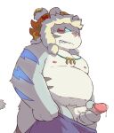  2021 anthro blush clothing felid feline flappydog fur grey_body grey_fur gunfire_reborn hat headgear headwear humanoid_hands kemono lei_luo male mammal masturbation moobs nipples overweight overweight_anthro overweight_male simple_background solo white_background 