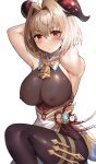  1girl ahoge arcueid_brunestud armpits arms_behind_head blonde_hair blush bodysuit breasts brown_bodysuit commentary_request cosplay ganyu_(genshin_impact) ganyu_(genshin_impact)_(cosplay) genshin_impact goat_horns highres horns large_breasts looking_at_viewer red_eyes simple_background solo squatting suou-sensei tsukihime white_background 