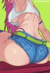  1girl arm_strap artist_name ass belt breasts crop_top denim denim_shorts final_fight green_background head_out_of_frame highres large_breasts lips long_hair no_bra parted_lips pink_hair poison_(final_fight) short_shorts shorts simple_background solo tank_top torn_clothes underboob wallace_pires 