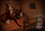  2019 anthro biped breasts brown_body brown_fur brown_nose bucket canid canine claws detailed_background digital_media_(artwork) digitigrade eyes_closed featureless_breasts female fox fur hair hand_on_knee hand_on_leg inside kippycube mammal navel nude orange_body orange_fur paws relaxing sauna sitting solo steam white_body white_fur white_hair window 