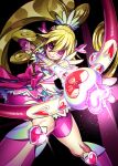 1girl aida_mana black_background blonde_hair bow closed_mouth cure_heart curly_hair detached_sleeves dokidoki!_precure dress heart incoming_attack long_hair magical_girl pink_bow pink_eyes ponytail precure senmu_(0107) short_sleeves shorts shorts_under_dress simple_background smile solo 