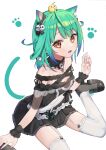  1girl :d animal_ear_fluff animal_ears animal_on_head bangs bare_shoulders bird black_dress black_footwear black_ribbon blue_hair blush breasts cat_ears cat_girl cat_tail chick commentary_request dress ear_ribbon eyebrows_visible_through_hair fang garter_straps gothic_lolita gradient_hair green_hair hand_up hololive kemonomimi_mode lolita_fashion long_hair looking_at_viewer multicolored_hair nail_polish off-shoulder_dress off_shoulder on_head open_mouth pink_nails pleated_dress red_eyes ribbon shoes simple_background sitting small_breasts smile solo syhan tail thighhighs uruha_rushia virtual_youtuber wariza white_background white_legwear wrist_cuffs 