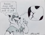  2021 3_fingers anthro black_and_white butt clothed clothing dialogue duo english_text faceless_character felix_(nik159) fingers gesture hi_res humor innuendo lutrine male mammal monochrome mustelid nik159 nik_(nik159) open_mouth pen_(artwork) procyonid raccoon raised_finger raised_index_finger shirt simple_background t-shirt text text_on_clothing text_on_shirt text_on_topwear thought_bubble topwear traditional_media_(artwork) url white_background 