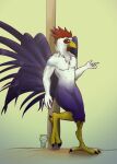  4_toes anisodactyl anthro avian avian_caruncle beak bird bird_feet blue_body blue_feathers chicken dewlap_(anatomy) dreycothewyrm feathers feet galliform gallus_(genus) hi_res leaning looking_at_viewer male nude phasianid solo standing tail_feathers toes wattle white_body white_feathers 